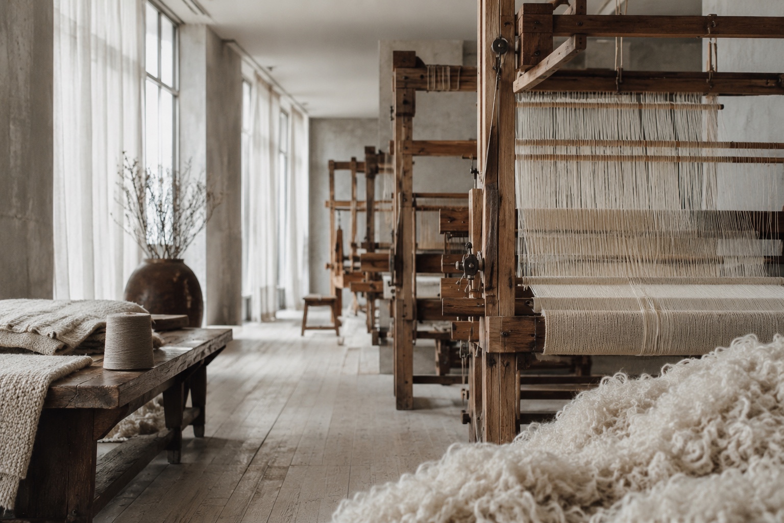 Wool and looms in the Cariaggi spinning mill