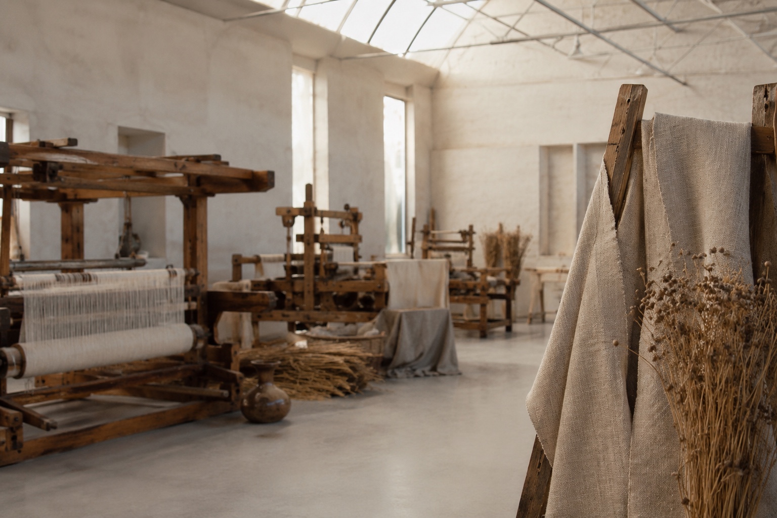 Looms and flax in the Libeco linen mill