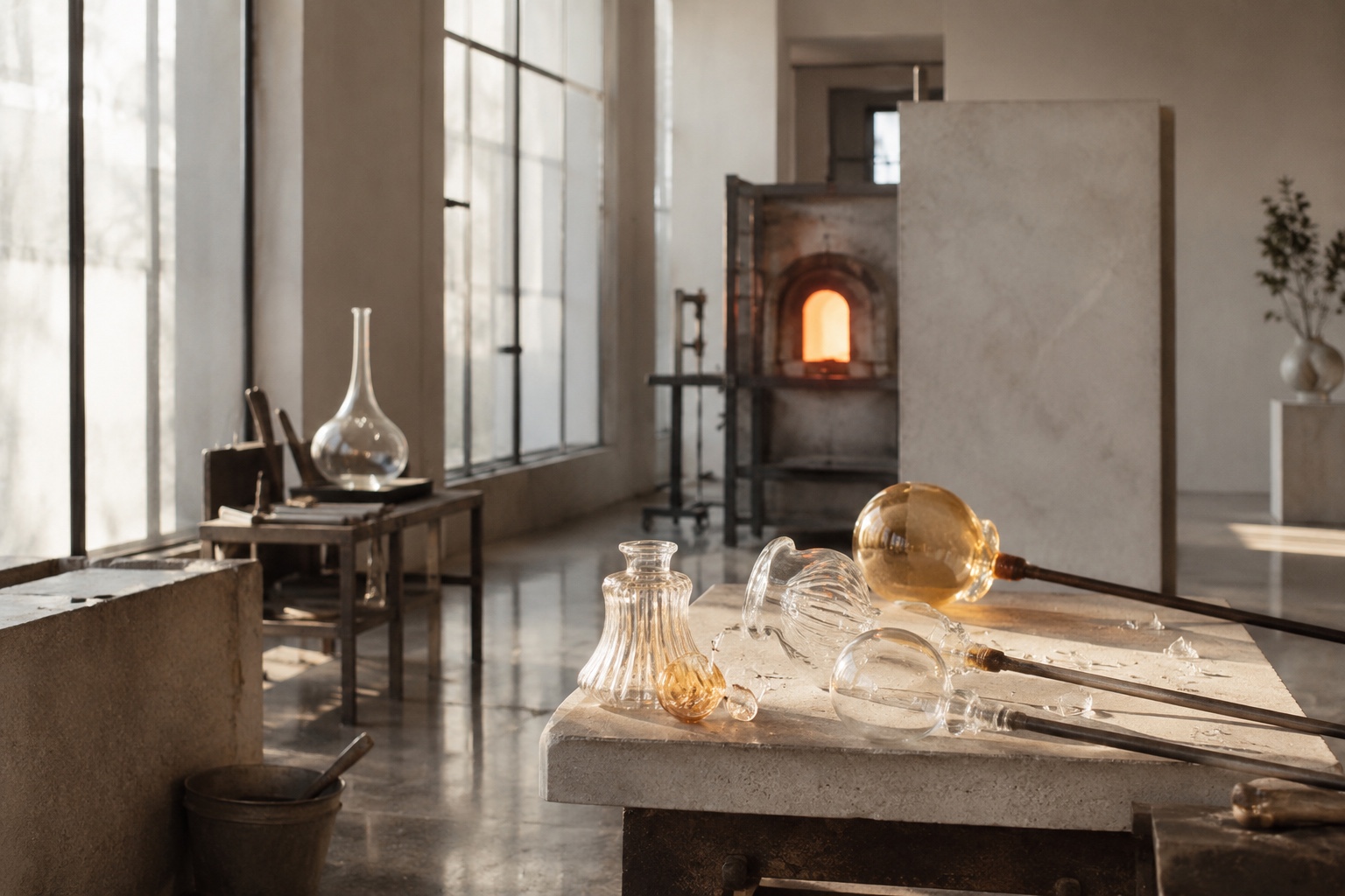 The furnace and blown glass in the Murano workshop